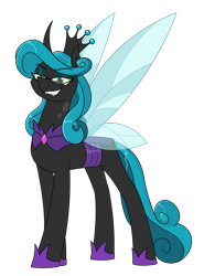 Size: 1956x2647 | Tagged: safe, artist:moonatik, derpibooru import, queen chrysalis, reversalis, changeling, changeling queen, abstract background, commission, crown, eyeshadow, female, glasses, hoof shoes, jewelry, looking at you, makeup, mirror universe, princess shoes, regalia, simple background, solo, transparent background