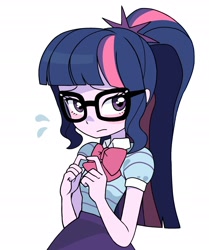 Size: 1870x2232 | Tagged: safe, artist:cheesesauce_45, derpibooru import, sci-twi, twilight sparkle, human, equestria girls, g4, blushing, clothes, cute, emanata, female, fingers together, glasses, high res, looking away, meganekko, moe, plewds, ponytail, simple background, solo, sweat, sweatdrops, twiabetes, white background