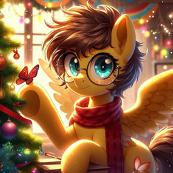 Size: 1524x1524 | Tagged: safe, ai content, derpibooru exclusive, derpibooru import, machine learning generated, oc, oc only, oc:yuris, pegasus, pony, christmas, christmas tree, clothes, ears up, female, freckles, glasses, holiday, looking at you, mare, prompter needed, room, scarf, smiling, smiling at you, solo, spread wings, sunlight, tree, window, wings