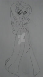 Size: 1024x1821 | Tagged: safe, artist:inuyasharocks01862, derpibooru import, fluttershy, human, equestria girls, g4, clothes, cute, deviantart watermark, dress, female, gown, grayscale, hands together, monochrome, obtrusive watermark, pencil drawing, shyabetes, smiling, snow white, snow white and the seven dwarfs, solo, traditional art, watermark