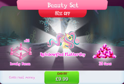 Size: 1267x858 | Tagged: safe, derpibooru import, fluttershy, pegasus, pony, g4, bundle, costs real money, english, female, fence, gameloft, gem, mare, mobile game, my little pony: magic princess, numbers, official, rainbow power, sale, solo, spread wings, text, wings