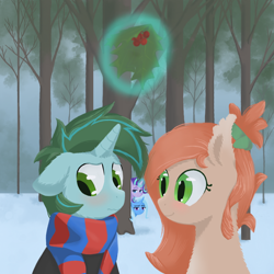 Size: 1080x1080 | Tagged: safe, artist:great quetzalcoatl, derpibooru import, starlight glimmer, trixie, oc, oc:persimmonika, bat pony, pony, unicorn, clothes, duo focus, ears, floppy ears, fluffy, forest, forest background, hiding, holly, holly mistaken for mistletoe, levitation, looking away, magic, nature, scarf, striped scarf, telekinesis, tree, wavy mouth