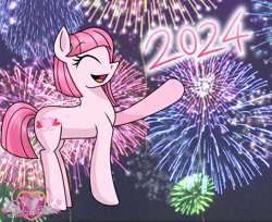 Size: 2052x1671 | Tagged: safe, artist:guruyunus17, derpibooru import, oc, oc only, oc:annisa trihapsari, earth pony, pony, earth pony oc, eyes closed, female, fireworks, happy, happy new year, happy new year 2024, holiday, mare, open mouth, open smile, smiling, solo, watermark