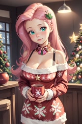 Size: 1024x1536 | Tagged: safe, ai content, derpibooru import, editor:sammykun, generator:yodayo, machine learning generated, fluttershy, human, g4, beautiful, breasts, chocolate, christmas, christmas tree, cleavage, clothes, coffee mug, cute, female, food, happy new year, holiday, hootershy, hot chocolate, humanized, long hair, long sleeves, looking at you, mug, prompter:sammykun, shoulderless, shyabetes, solo, sweater, tree, window, wood