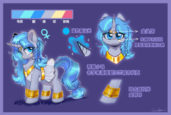 Size: 4600x3100 | Tagged: safe, artist:刺萧, derpibooru import, oc, oc only, oc:cork, pony, unicorn, blue background, clothes, cute, dark skin, egyptian, female, greek, mare, reference sheet, simple background, solo