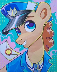 Size: 946x1200 | Tagged: safe, artist:krista-21, derpibooru import, parcel post, post haste, earth pony, pony, abstract background, bust, commission, grin, letter, mailpony, male, smiling, solo, stallion, traditional art