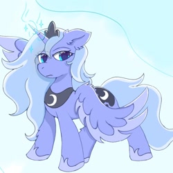 Size: 720x720 | Tagged: artist needed, safe, derpibooru import, princess luna, alicorn, pony, g4, colored wings, colored wingtips, ear fluff, ears, eye clipping through hair, eyebrows, eyebrows visible through hair, frown, full body, looking at you, s1 luna, solo, sparkles, spread wings, two toned wings, wings