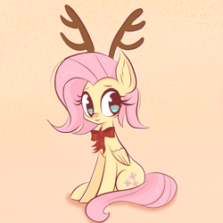 Size: 3000x3000 | Tagged: safe, artist:thebigstuff89, derpibooru import, fluttershy, pegasus, pony, g4, :3, antlers, bow, cute, eyebrows, female, folded wings, high res, mare, reindeer antlers, shyabetes, sitting, smiling, solo, wings