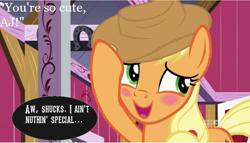 Size: 1007x575 | Tagged: safe, derpibooru import, edit, edited screencap, screencap, applejack, earth pony, pony, g4, blushing, cute, female, humble, jackabetes, mare, modest, offscreen character