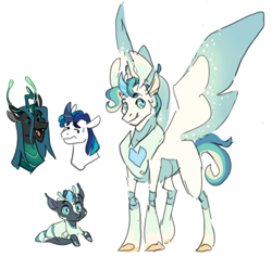 Size: 1800x1705 | Tagged: safe, artist:baylard, derpibooru import, queen chrysalis, shining armor, oc, oc:mimic, changedling, changeling, changeling larva, changeling queen, changepony, hybrid, pony, unicorn, g4, interspecies offspring, offspring, parent:queen chrysalis, parent:shining armor, parents:shining chrysalis, simple background, white background