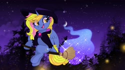 Size: 3840x2160 | Tagged: safe, artist:lbrcloud, derpibooru import, oc, oc only, alicorn, pony, alicorn oc, broom, flying, flying broomstick, hat, horn, solo, wings, witch hat