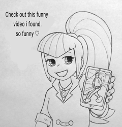 Size: 2931x3047 | Tagged: safe, artist:public mistake, derpibooru import, sonata dusk, human, equestria girls, g4, cellphone, cute, dialogue, female, grayscale, looking at you, monochrome, open mouth, open smile, phone, smartphone, smiling, smiling at you, solo, sonatabetes, talking to viewer, traditional art