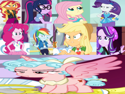 Size: 828x621 | Tagged: safe, artist:questphillips, derpibooru import, edit, edited screencap, screencap, applejack, cozy glow, fluttershy, pinkie pie, rainbow dash, rarity, sci-twi, starlight glimmer, sunset shimmer, twilight sparkle, alicorn, human, pony, equestria girls, g4, the ending of the end, alicornified, angry, cozycorn, humane five, humane seven, humane six, race swap, wrong aspect ratio