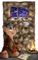 Size: 2500x3864 | Tagged: safe, artist:midnightpremiere, derpibooru import, oc, oc only, earth pony, pony, blanket, book, campfire, fire, looking up, male, open mouth, open smile, pencil, smiling, snow, snowfall, solo, stallion, winter