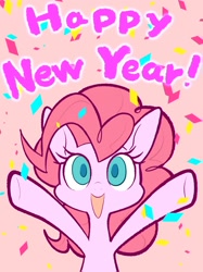 Size: 1535x2048 | Tagged: safe, artist:noupu, derpibooru import, pinkie pie, earth pony, pony, g4, bust, colored pupils, confetti, cute, diapinkes, female, happy new year, happy new year 2024, holiday, mare, open mouth, open smile, pink background, simple background, smiling, solo, spread hooves