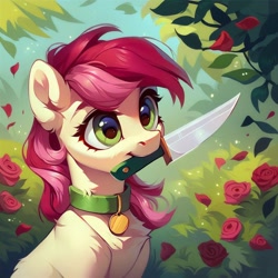 Size: 1024x1024 | Tagged: safe, ai content, derpibooru import, generator:purplesmart.ai, generator:stable diffusion, machine learning generated, roseluck, earth pony, pony, g4, chest fluff, collar, flower, grimcute, knife, mouth hold, pet tag, pony pet, prompter:doom9454, rose, rosepet, solo
