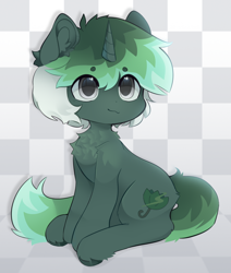 Size: 1124x1326 | Tagged: safe, artist:qudeffy, derpibooru import, oc, oc only, oc:guaiacol, pony, unicorn, checkered background, digital art, horn, sitting, solo, unicorn oc