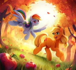 Size: 2048x1886 | Tagged: safe, artist:applesartt, derpibooru import, applejack, rainbow dash, g4, apple, apple tree, appledash, female, flying, leaves, lesbian, running, shipping, tree