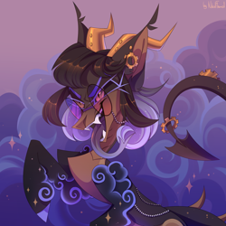 Size: 3000x3000 | Tagged: safe, artist:nikol flamel, derpibooru import, oc, oc only, oc:medea violet ring, original species, pony, art trade, dragon tail, ear piercing, fangs, female, forked tongue, gears, glasses, horn, hybrid oc, mare, multiple horns, piercing, smoke, solo, sparkles, tail