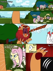 Size: 2000x2643 | Tagged: safe, artist:bestponies, derpibooru import, fluttershy, bird, chicken, manticore, pegasus, pony, comic:nurses take over, g4, comic, comic panel, dialogue, female, high res, magic, mare, mawshot, open mouth, outdoors, overheal, speech bubble, telekinesis, tree