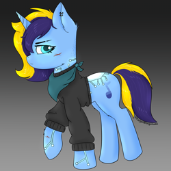 Size: 3000x3000 | Tagged: safe, artist:purple wingshade, derpibooru import, oc, oc:blue 97, cyborg, pony, robot, robot pony, unicorn, angry, annoyed, bandana, clothes, ear piercing, eyebrow slit, eyebrows, female, full body, glowing, glowing eyes, gradient background, mare, multicolored hair, piercing, scar, solo, sweater, watermark