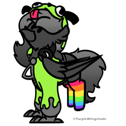 Size: 3000x3000 | Tagged: safe, artist:purple wingshade, derpibooru import, oc, oc only, oc:ebony pearl, griffon, hybrid, pony, clothes, cute, female, gradient mane, headphones, hoodie, rainbow socks, simple background, small, socks, solo, striped socks, transparent background