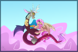 Size: 3000x2000 | Tagged: safe, artist:starcasteclipse, derpibooru import, discord, fluttershy, draconequus, pegasus, pony, g4, cloud, discoshy, duo, duo male and female, ears, female, floating, floppy ears, looking at each other, looking at someone, male, shipping, signature, sky, smiling, straight