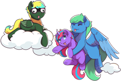 Size: 3361x2254 | Tagged: safe, artist:morrigun, derpibooru exclusive, derpibooru import, oc, oc only, pegasus, pony, unicorn, 2024 community collab, clothes, cloud, derpibooru community collaboration, eyes closed, eyes open, female, flying, goggles, googly eyes, horn, looking at you, lying down, male, mare, pegasus oc, scarf, simple background, stallion, tongue, tongue out, transparent background, unicorn oc, wings