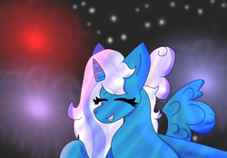 Size: 2360x1640 | Tagged: safe, artist:stormbolts, derpibooru import, oc, oc only, oc:fleurbelle, alicorn, pony, alicorn oc, bow, female, fireworks, hair bow, happy, happy new year 2024, horn, mare, new year, night, solo, wings