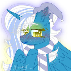 Size: 1000x1000 | Tagged: safe, artist:arctusthegoddess, derpibooru import, oc, oc only, oc:fleurbelle, alicorn, pony, alicorn oc, blushing, clothes, female, golden eyes, hat, horn, mare, scarf, simple background, solo, striped scarf, transparent background, wings