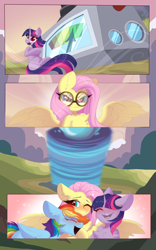 Size: 2560x4096 | Tagged: safe, artist:kebchach, derpibooru import, fluttershy, rainbow dash, twilight sparkle, pegasus, pony, unicorn, art pack:welcum to birthday artpack, comic:hurricane sluttershy, g4, hurricane fluttershy, blushing, chest fluff, comic, female, flutterdash, goggles, human shoulders, lesbian, looking at someone, missing cutie mark, open mouth, shipping, smiling, tornado