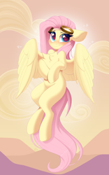 Size: 2560x4096 | Tagged: safe, artist:kebchach, derpibooru import, fluttershy, pegasus, pony, art pack:welcum to birthday artpack, comic:hurricane sluttershy, g4, hurricane fluttershy, blushing, chest fluff, female, flying, goggles, goggles on head, heart, heart eyes, human shoulders, missing cutie mark, smiling, solo, wingding eyes