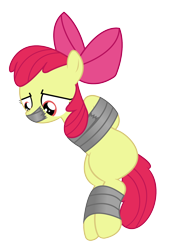 Size: 1500x2074 | Tagged: safe, artist:cardshark777, derpibooru import, apple bloom, earth pony, pony, g4, arm behind back, bondage, bound and gagged, captive, digital art, female, filly, foal, gag, helpless, hooves behind back, looking down, simple background, solo, tape, tape bondage, tape gag, transparent background