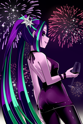 Size: 2000x3000 | Tagged: safe, artist:nekojackun, derpibooru import, aria blaze, equestria girls, g4, alcohol, arse-ia blaze, bare shoulders, bedroom eyes, breasts, eyeshadow, female, fireworks, glass, happy new year 2024, looking at you, makeup, new year, open-back dress, pigtails, reasonably sized breasts, side view, sideboob, smiling, solo, twintails, wine, wine glass