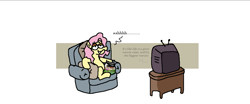 Size: 3125x1302 | Tagged: safe, artist:punkittdev, derpibooru import, fluttershy, pegasus, pony, g4, cat food, chair, female, flutterhigh, high, lidded eyes, mare, simple background, sitting, solo, television, the golden girls, white background
