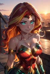 Size: 1024x1536 | Tagged: safe, ai content, derpibooru import, editor:sammykun, generator:yodayo, machine learning generated, sunset shimmer, human, g4, armor, bare shoulders, bracer, breasts, cleavage, clothes, cosplay, costume, dc comics, dc superhero girls, female, gold, humanized, long hair, looking at you, metal, prompter:sammykun, reasonably sized breasts, shiny, sleeveless, smiling, solo, strapless, sun, sunset jiggler, wonder woman