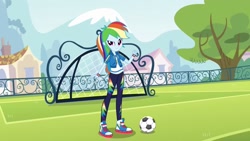 Size: 1920x1080 | Tagged: safe, artist:twilirity, derpibooru import, rainbow dash, human, equestria girls, g4, clothes, converse, female, football, goal, jacket, pants, shirt, shoes, sneakers, soccer field, solo, sports