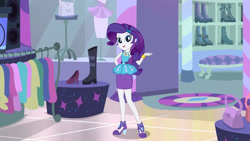 Size: 1920x1080 | Tagged: safe, artist:twilirity, derpibooru import, rarity, human, equestria girls, g4, boutique, clothes, female, high heels, rarity peplum dress, shoes, solo