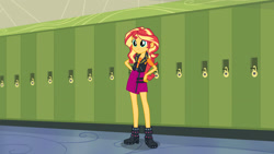 Size: 1920x1080 | Tagged: safe, artist:twilirity, derpibooru import, sunset shimmer, human, equestria girls, g4, canterlot high, female, hallway, lockers, solo