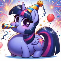 Size: 1024x1024 | Tagged: safe, ai content, derpibooru import, machine learning generated, twilight sparkle, g4, fat, happy new year, holiday, prompter:inflationvideotv, twilard sparkle