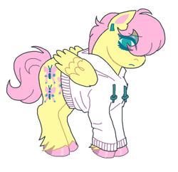 Size: 918x890 | Tagged: safe, artist:necronyancy, derpibooru import, fluttershy, pegasus, pony, g4, clothes, ear piercing, frown, hoodie, piercing, redesign, simple background, solo, unshorn fetlocks, white background