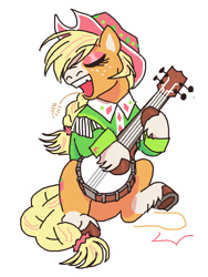 Size: 683x907 | Tagged: safe, artist:necronyancy, derpibooru import, applejack, earth pony, pony, g4, banjo, clothes, eyes closed, freckles, hat, musical instrument, open mouth, redesign, simple background, sitting, smiling, solo, unshorn fetlocks, white background