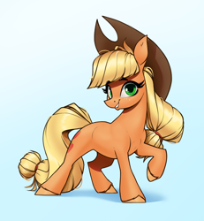 Size: 2320x2510 | Tagged: safe, artist:aquaticvibes, derpibooru import, applejack, earth pony, pony, g4, applejack's hat, clothes, cowboy hat, female, gradient background, hat, looking at you, mare, smiling, smiling at you, solo