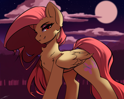 Size: 5000x4000 | Tagged: safe, artist:skitsroom, derpibooru import, fluttershy, pegasus, pony, g4, cloud, cute, cute little fangs, fangs, female, implied flutterbat, mare, moon, moonlight, night, red eyes, sky, solo, stars