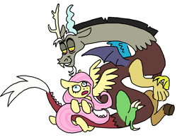 Size: 1006x795 | Tagged: safe, artist:necronyancy, derpibooru import, discord, fluttershy, draconequus, pegasus, pony, g4, duo, faic, looking at each other, looking at someone, open mouth, simple background, smiling, smirk, spread wings, white background, wings