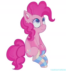 Size: 1430x1550 | Tagged: safe, artist:tashastar678, derpibooru import, pinkie pie, earth pony, pony, g4, clothes, female, simple background, socks, solo, striped socks, white background