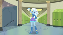 Size: 1920x1080 | Tagged: safe, derpibooru import, trixie, equestria girls, g4, canterlot high, clothes, hallway, hoodie, lockers, shoes, socks, solo