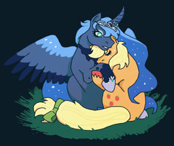 Size: 1200x1010 | Tagged: safe, artist:necronyancy, derpibooru import, applejack, princess luna, alicorn, earth pony, pony, g4, black background, duo, female, hug, jewelry, lesbian, ship:lunajack, shipping, simple background, sitting, spread wings, tiara, wings