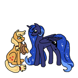 Size: 698x701 | Tagged: safe, artist:necronyancy, derpibooru import, applejack, princess luna, alicorn, earth pony, pony, g4, duo, female, freckles, lesbian, looking at each other, looking at someone, ship:lunajack, shipping, simple background, sitting, smiling, white background