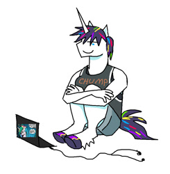 Size: 893x912 | Tagged: safe, artist:necronyancy, derpibooru import, oc, oc only, oc:jewels, anthro, unicorn, computer, hooves, laptop computer, simple background, sitting, smiling, solo, transgender, white background